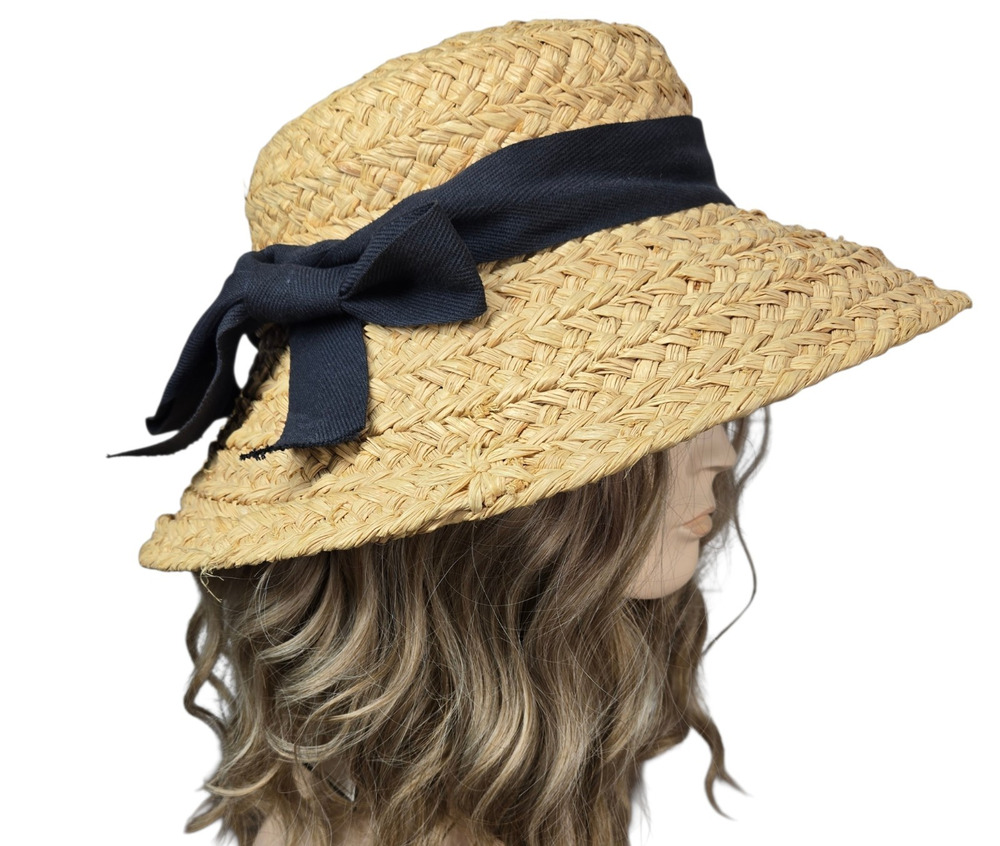 Helen Kaminski Classic 5 Raffia Breton Hat Straw Wide Brim Black Bow Handmade